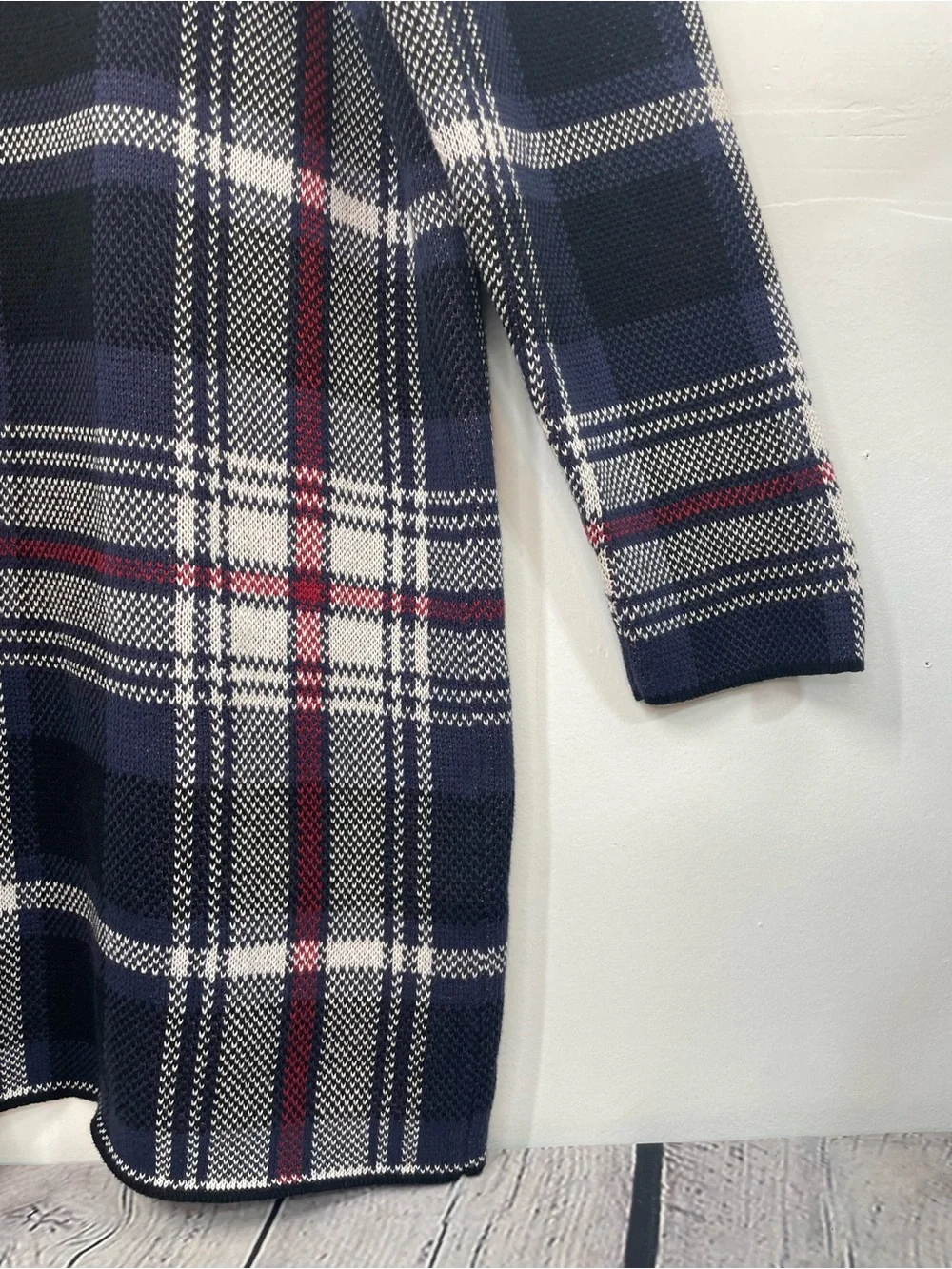 Chaps Plaid Open Front Cardigan Coat – Navy Burgundy & Cream size Large